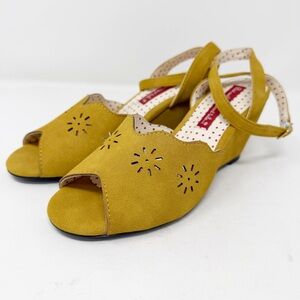 But Another Innocent Tale Yellow Wedge Sandals 6.5 Peep Toe Cutout Retro Mod